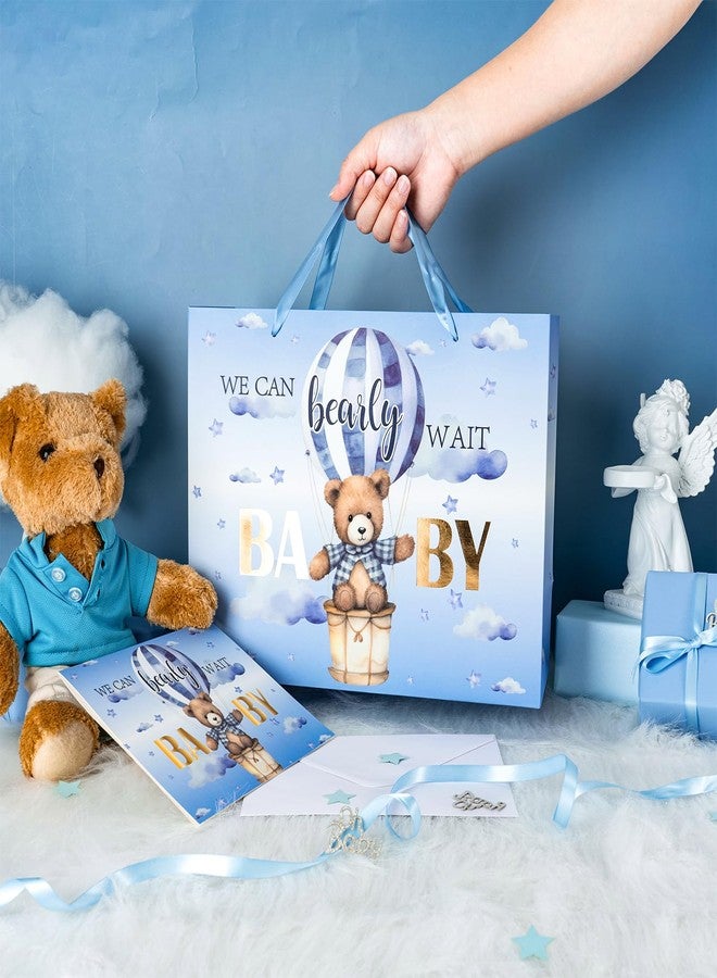 LeZakaa Baby Boy Gift Bag Blue Bear, Hot Air Balloon We Can Bearly Wait BABY Goil Foil Design with Tissue Paper and Greeting Card for Baby Shower, New Parents, 13" x 10" x 5", 1 Pcs - Image 5